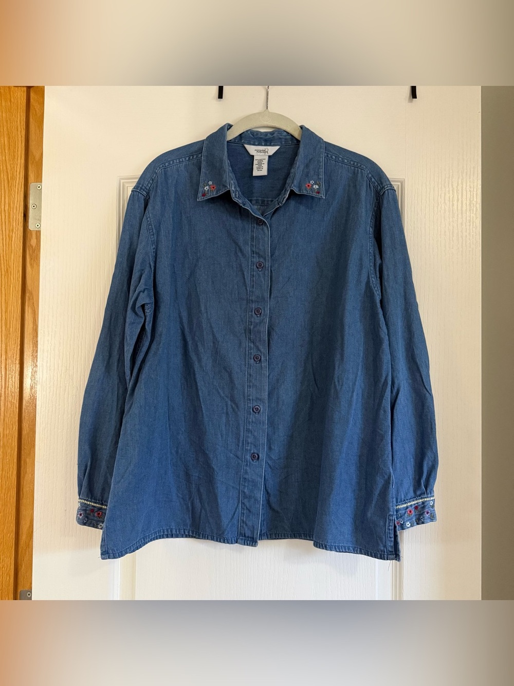 Northern Reflections Embroidered Denim Button-Up Shirt - Blue